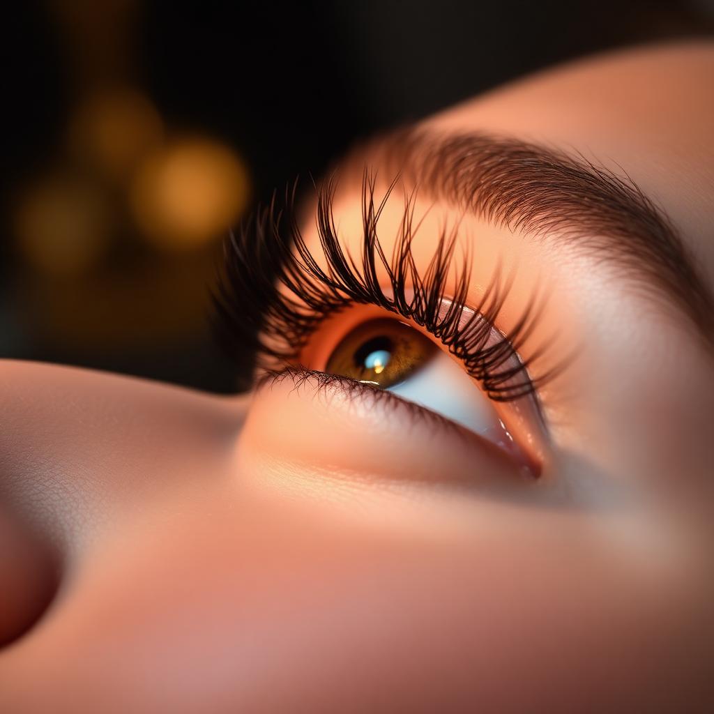 Close-up of eyelash extensions applied in the salon